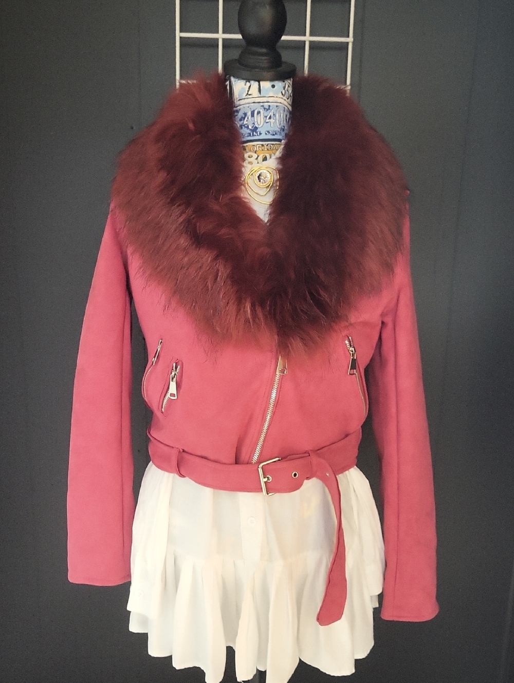 NWT, GIOLSHON Women’s Pink Faux-Fur Trim Belted MOTO Jacket, SIZE M